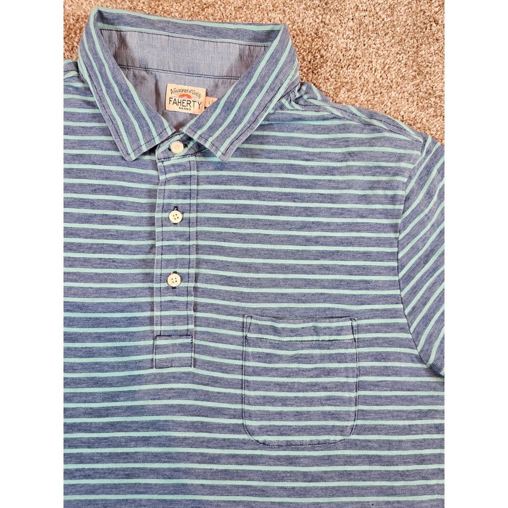 Faherty Brand Mens Large Indigo Dyed Striped Short Sleeve Polo Shirt Blue Green - Picture 4 of 15